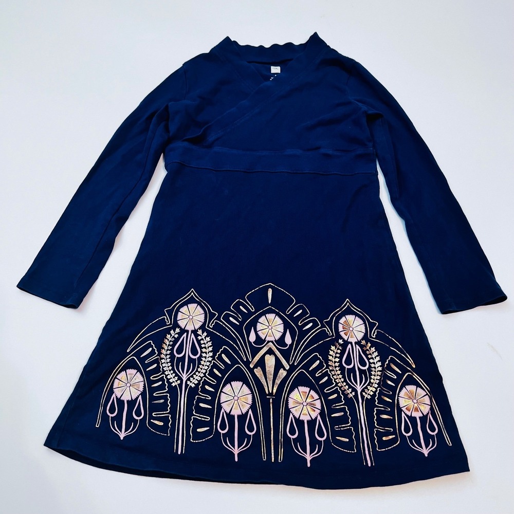 Tea Collection Size 6 Navy Floral Faux Wrap Dress Long Sleeve Cotton